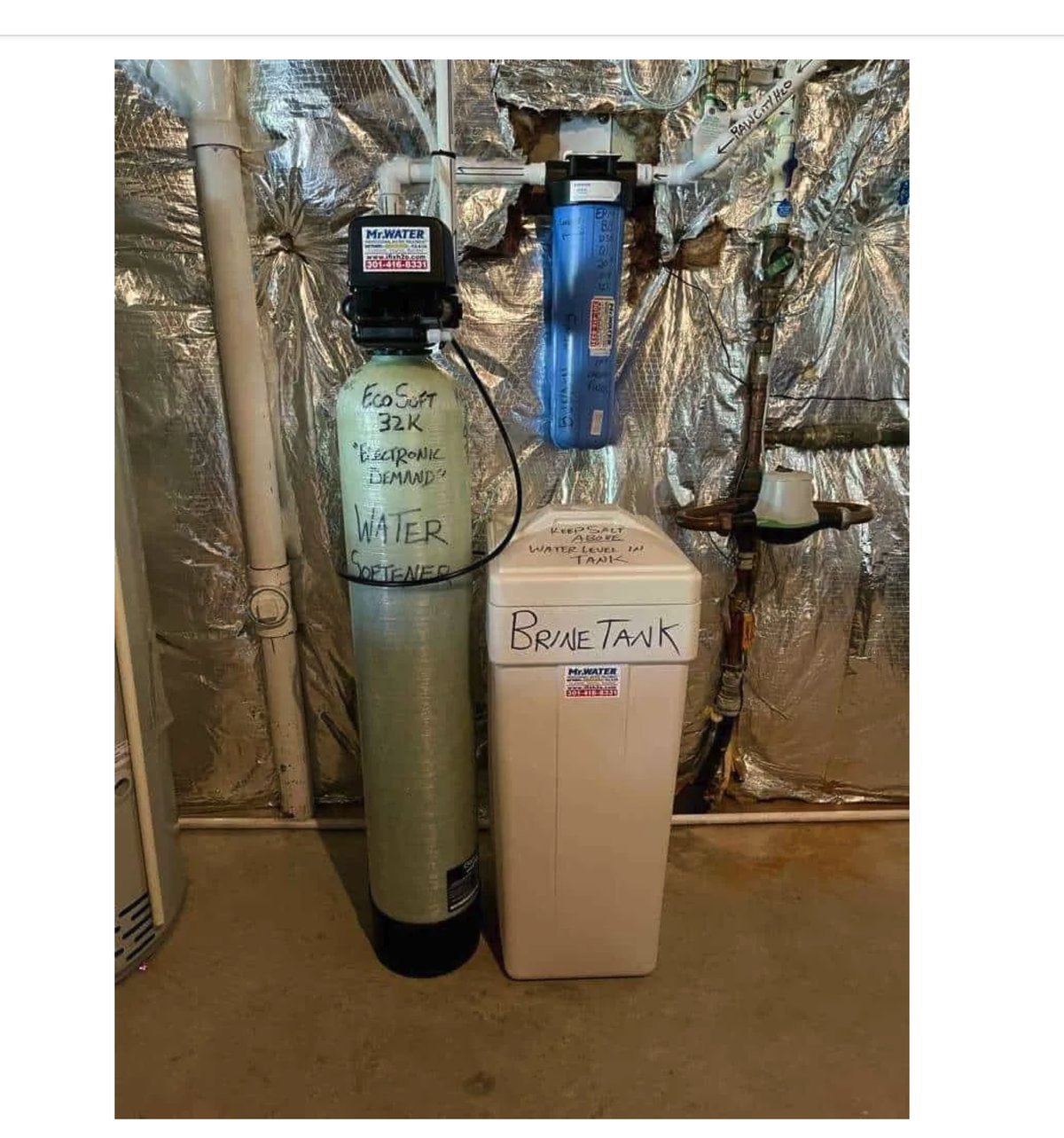 EcoSoft 32K electronic demand water softener and brine tank installed in a Maryland basement